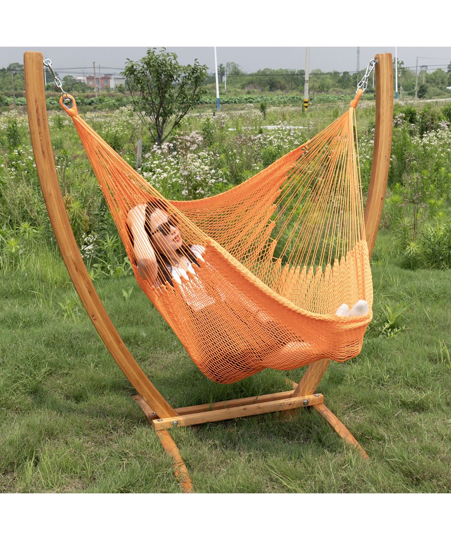 seat in orange caribbean hammock chair and wooden stand combo